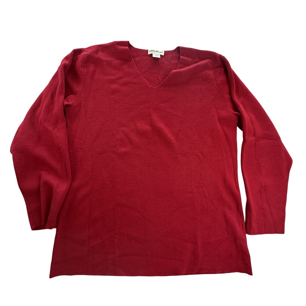 Vintage Eddie Bauer Sweater Mens LT Red Acrylic Wool V Neck Tall Knit Pullover